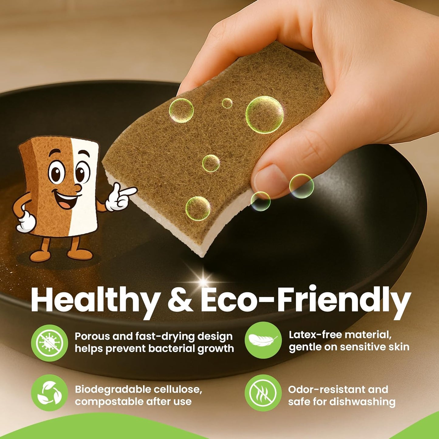 Natural Kitchen Sponges Pack of 12 - Biodegradable Compostable Cellulose & Coconut Scrubber Sponge with Non-Scratch - Long Lasting, Eco Friendly Sponges for Dishes, Heavy Duty Dish Scrubber