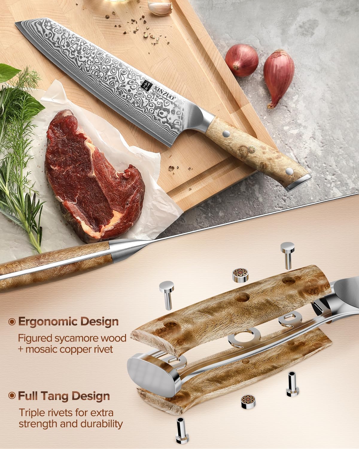 XINZUO Damascus 8.3 Inch Kiritsuke Chef Knife,Hand Forged High Carbon Steel Sharp Kitchen Cutting Knife,Comfortable Ergonomic Full Tang Figured Sycamore Wood Handle