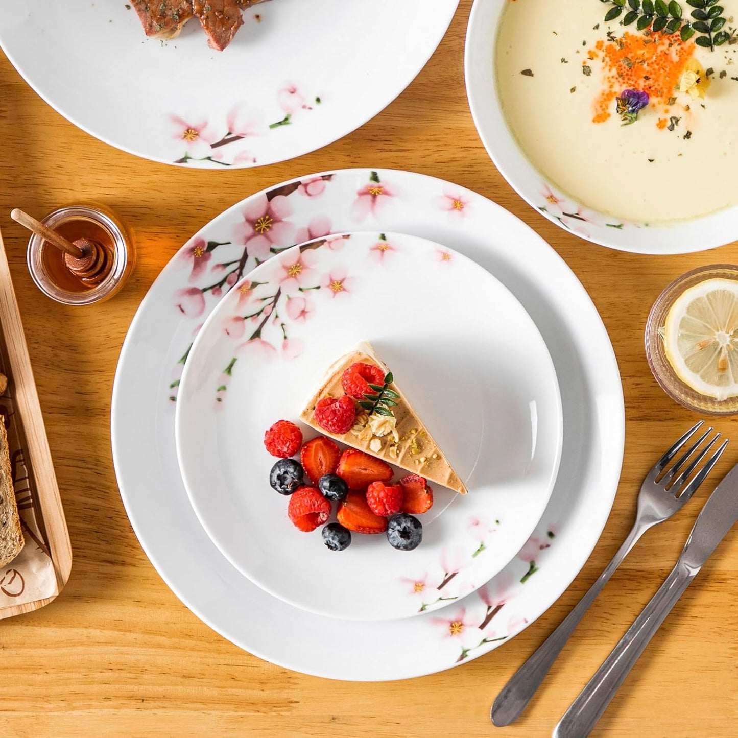 VEWEET 18 Pieces Dinnerware Sets for 6, Porcelain Plates and Bowls Set with Pink Floral, Classic Dishes Set Dining Ware for Dinner, Microwave and Dishwasher Safe, Series ANNIE