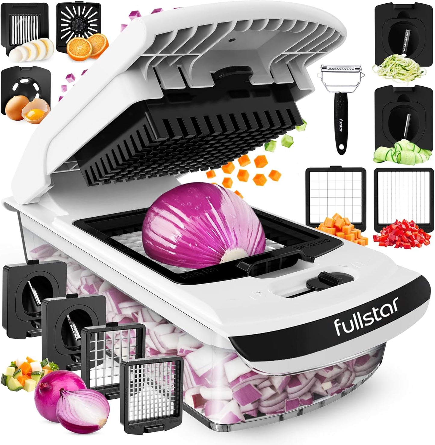 Fullstar The Original Pro Chopper - Vegetable Chopper and Spiralizer, Food Chopper with Container, Fruit Slicer, Kitchen Gadgets & Accessories, Home Essentials (9 in 1, White)