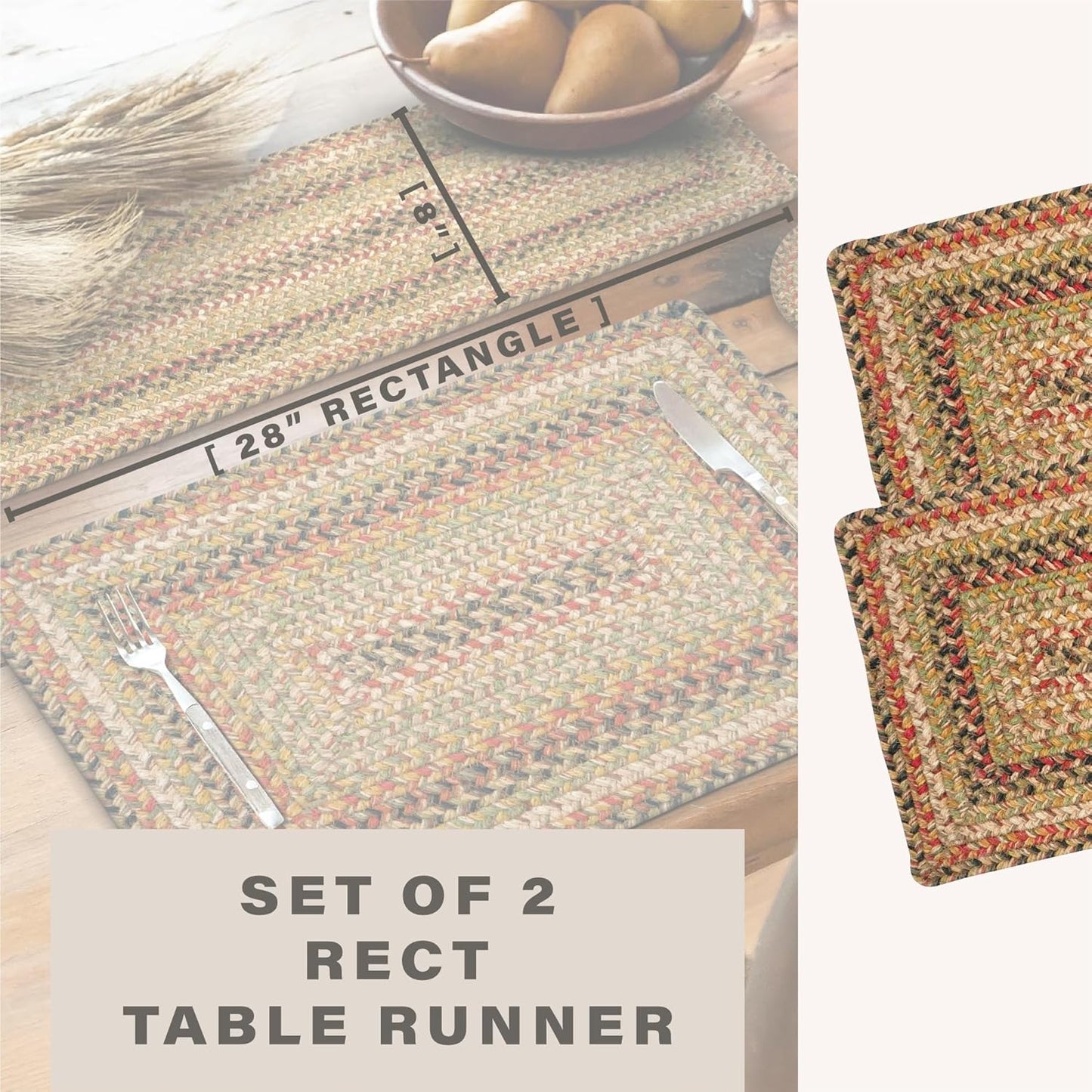 Homespice Kingston Jute Braided Short Table Runner, Warm Country Decor, Set of 2, Multicolor Rectangle 8x28 - Rich Colors, Easy to Clean, Durable and Protects Furniture