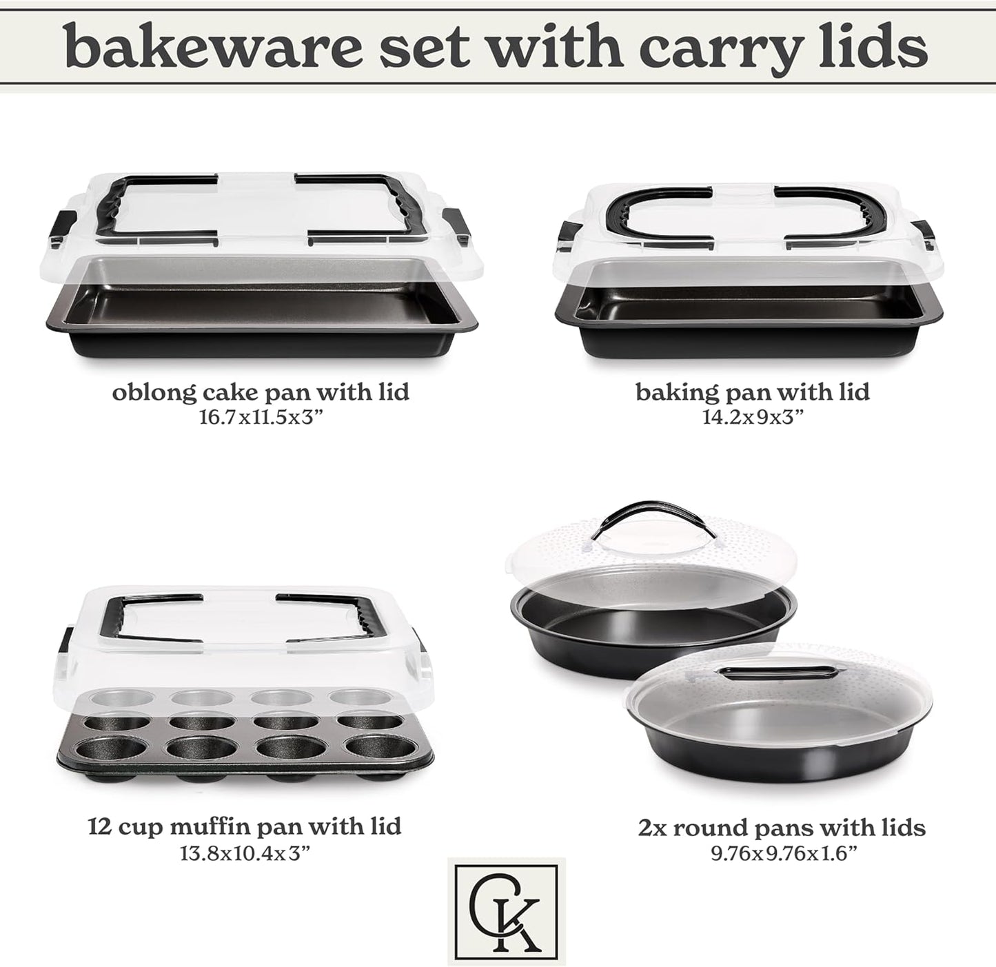 Country Kitchen Baking Pans Set - 10 Piece Non-Stick Cake Pans with Carry Lids for Easy Storage & Travel, Perfect for Parties - Stackable, Black
