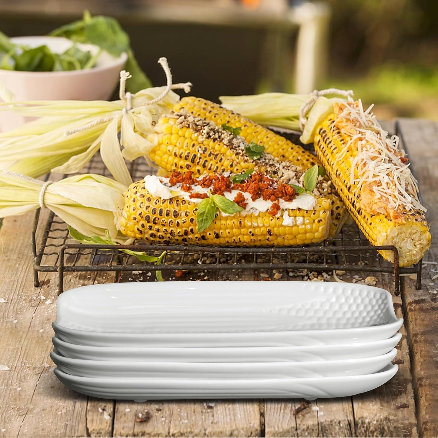Cinf Ceramic Corn Cob Holders 8.8" Corn Dishes Set of 4, White Dishes Non-slip Bottom Microwave Dishwasher Oven Safe