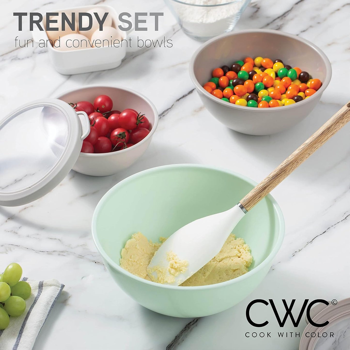 COOK WITH COLOR Nesting Mixing Bowls - 12 Piece Plastic Bowl Set with Lids, Microwave Safe (Mint Ombre)