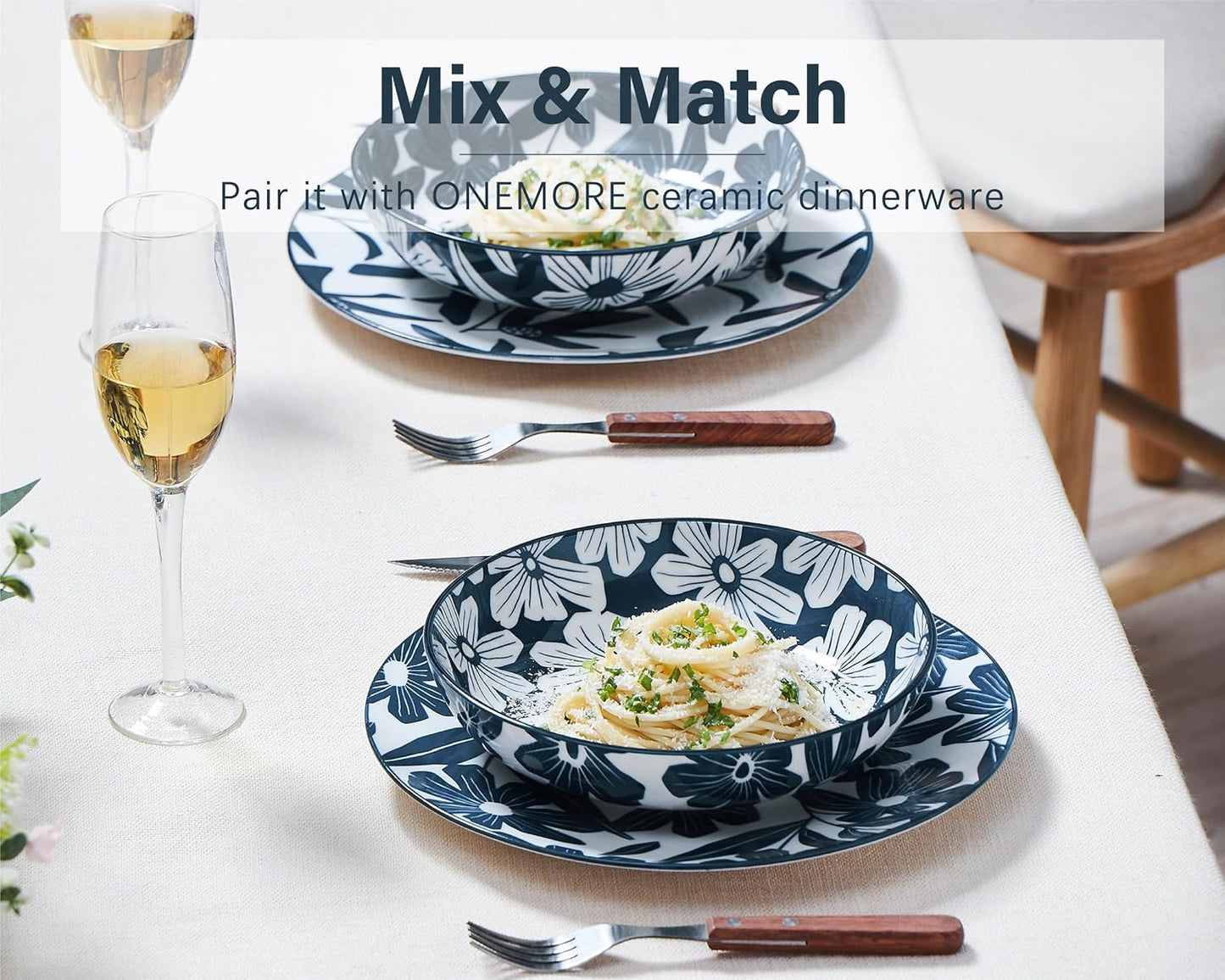 ONEMORE Ceramic Pasta Bowls Set of 4, 36 oz Salad Bowls, Large Kitchen Shallow Bowls Set-Vintage Blue Floral Pattern, Oven Microwave Dishwasher Safe, Scratch Resistant