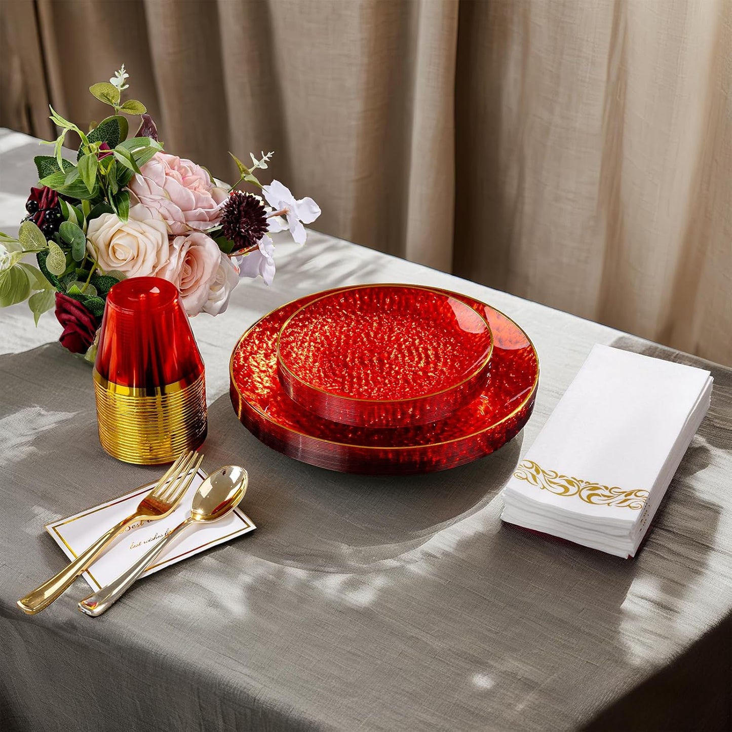 DaYammi 175 Pcs Plastic Dinnerware Set (25 Guests), Clear Red and Gold Plastic Plates, Hammered Party Plates Include Dinner Platos, Dessert Platos, Cups, Gold Cutlery Set And Napkins for Party