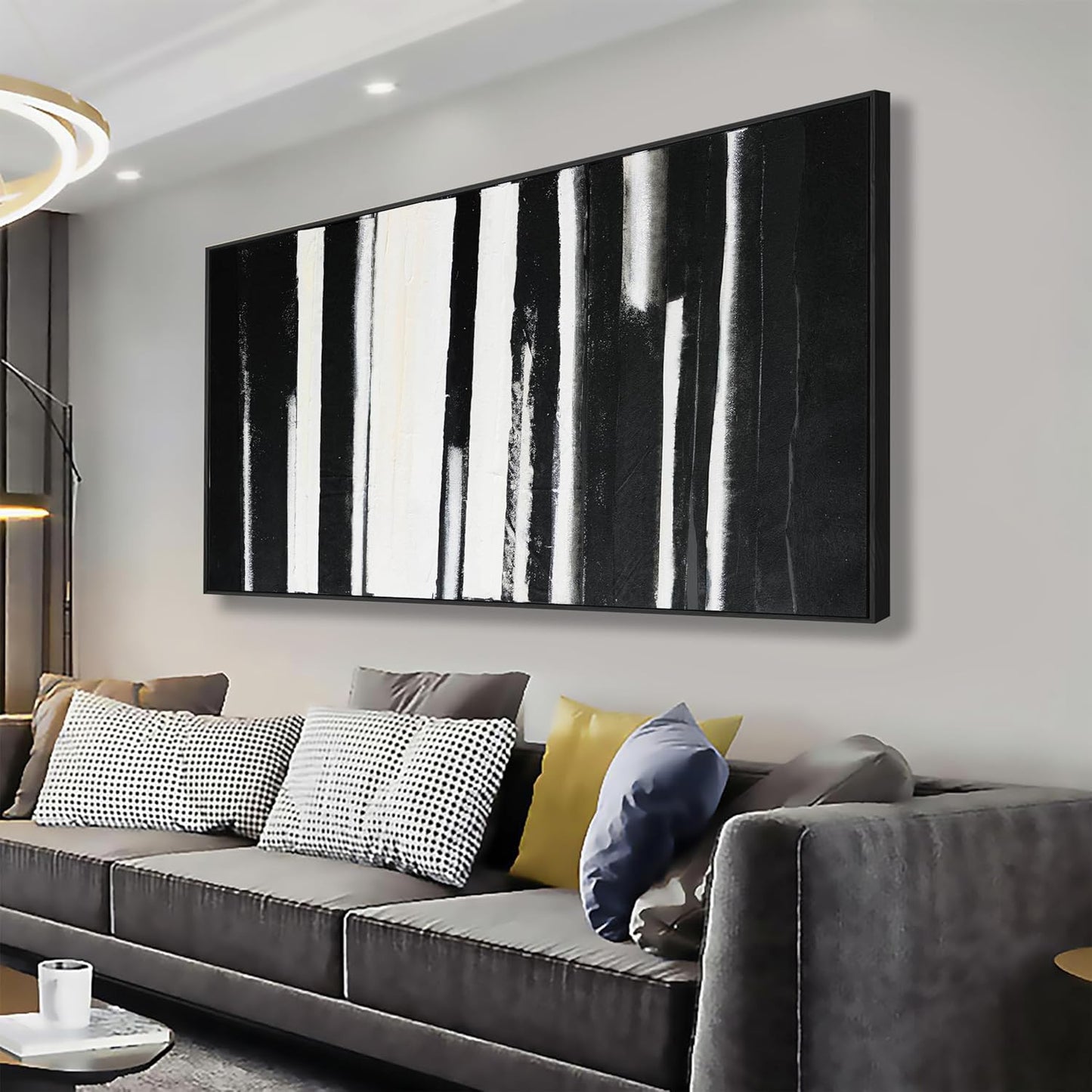 Framed Abstract Canvas Wall Art Decor Large Home Decor Wall Art Prints Black and White Minimalist Stripes Framed Artwork Modern paintings Wall Decorations for Living Room Wall Bedroom Kitchen Office Decor 29"×58"