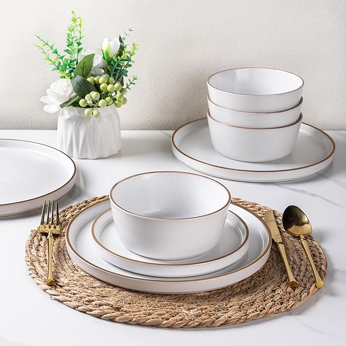AmorArc Dinnerware Set for 4, 12 Pieces Ceramic Plates and Bowls Set, Handcrafted Speckled Stoneware Plates, Dishwasher & Microwave Safe Dishes- (White, Service for 4)