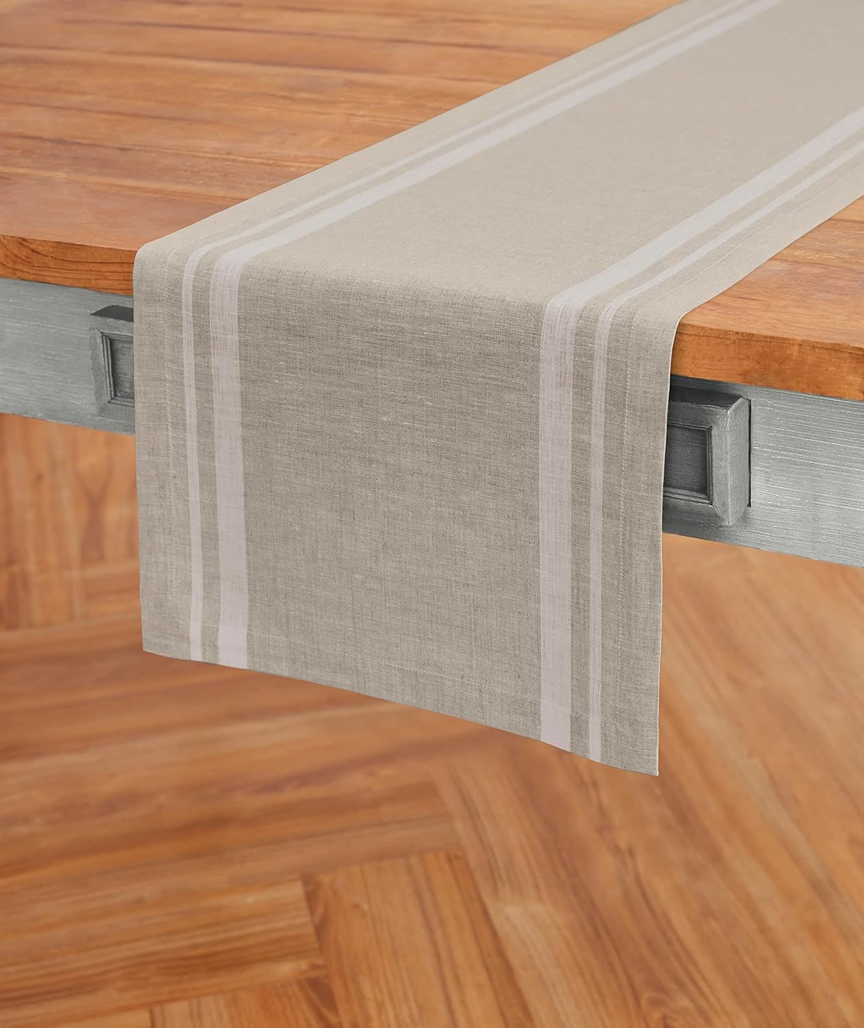 Solino Home Striped Linen Table Runner 120 Inches Long - French Stripe 100% Pure Linen White and Natural Dining Table Runner 16 x 120 Inch for Fall, Autumn, Thanksgiving