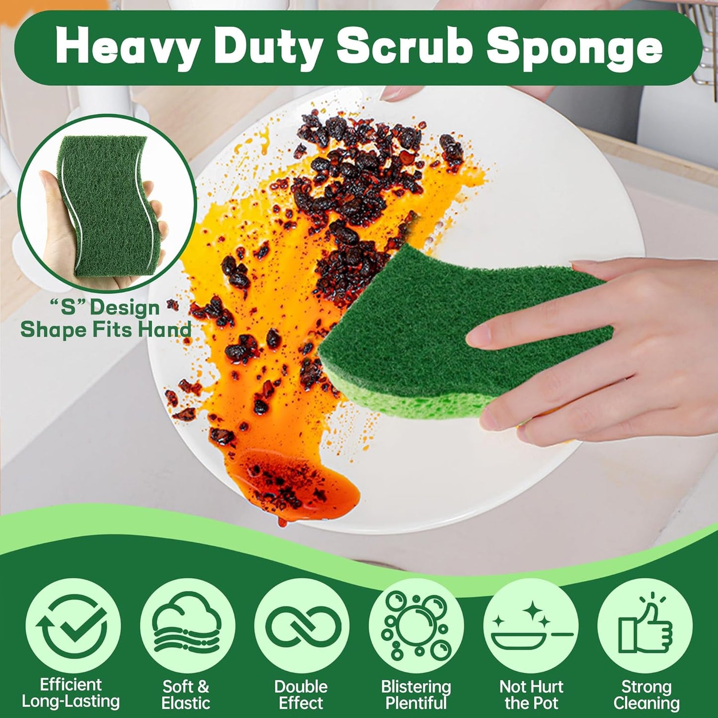 12 Count Heavy Duty Scrub Sponges,Long Lasting Cleaning Sponges for Cleaning Kitchen and Household, Dishes,Dual Sided Kitchen Sponges for Non-Coated Cookware-Green