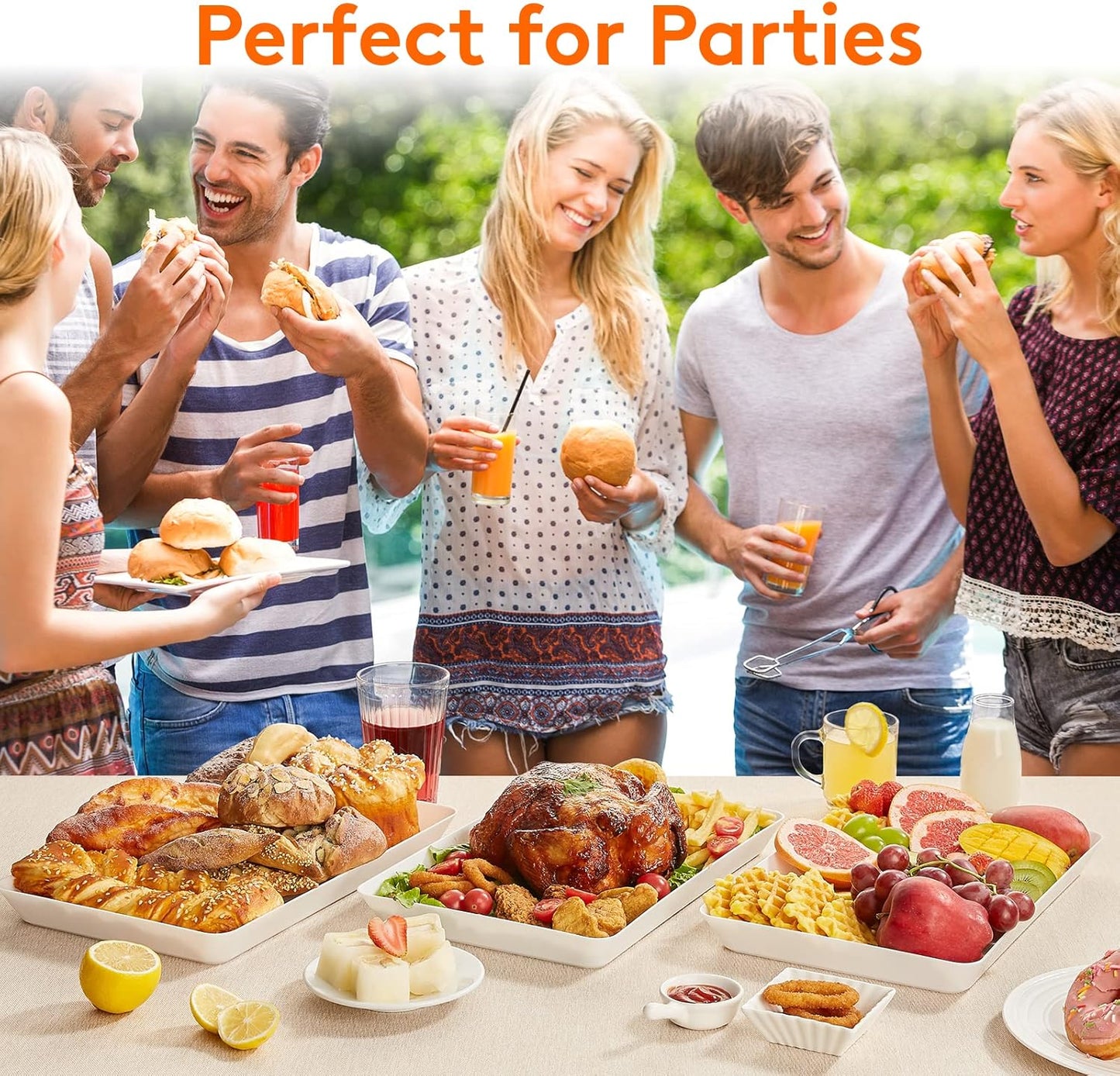 Lifewit Plastic Serving Tray for Party Supplies, 15" x 10" White Trays for Serving Food, Reusable Large Platter for Buffet, Fruit, Dessert, Snack, Veggie, Kitchen and Outdoor Use, Rectangle, 4 Pcs