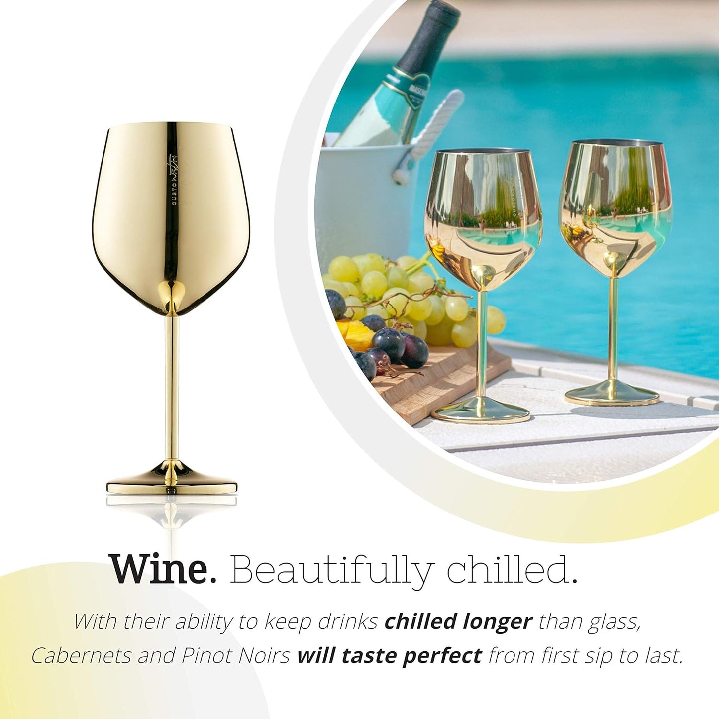 Gusto Nostro Stainless Steel Wine Glass - 18 oz Unbreakable Gold Wine Glasses for Travel, Camping and Pool - Fancy, Unique and Cute Portable Metal Wine Glass for Outdoor Events, Picnics (Set of 4)