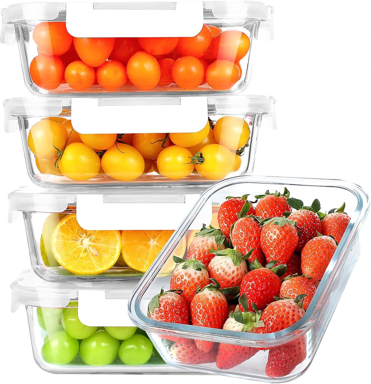 KOMUEE 30 oz 5 Pack Glass Meal Prep Containers, Glass Storage Containers with Lids - Dishwahser, Microwave, Oven and Freezer Safe, White