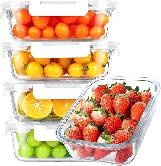 KOMUEE 30 oz 5 Pack Glass Meal Prep Containers, Glass Storage Containers with Lids - Dishwahser, Microwave, Oven and Freezer Safe, White