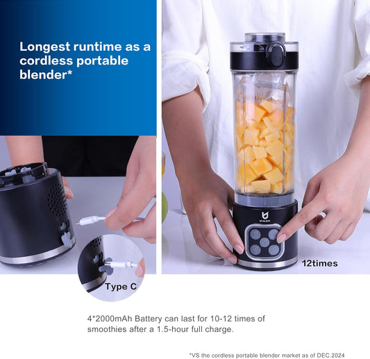 UTALENT Cordless Portable Blender, 25 oz removable Vessel，Powerful Personal Blender, for Smoothies, Ice Crush, 4 Programs, Leakproof-Lid & Sip Spout, USB-C Rechargeable, Dishwasher Safe Parts, Black