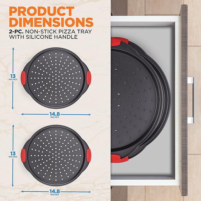NutriChef 13-Inch Nonstick Pizza Tray Set of 20 Pcs- Carbon Steel Round Pan with Perforated Holes & Silicone Grip Handles - Dishwasher Safe Premium Bakeware