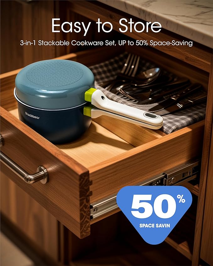 Ceramic Non Stick Sauce & Frying Pan Set, 2.5QT Saucepan, 7" Egg Omelette Pan & 18/10 Stainless Steel Steamer, Induction Cookware Set for Quick Meals, PTFE, PFOA & PFAS Free, Drak Blue