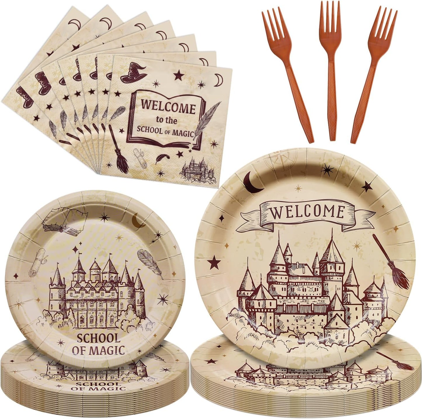 96 Pieces Wizard School Tableware Set – Magical Castle Disposable Dinnerware with Paper Plates, Napkins, Forks for Birthday, Halloween Events, Fantasy Celebrations for Kids Boys Girls Serves 24 Guests