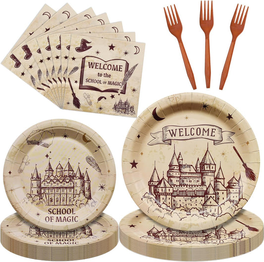 96 Pieces Wizard School Tableware Set – Magical Castle Disposable Dinnerware with Paper Plates, Napkins, Forks for Birthday, Halloween Events, Fantasy Celebrations for Kids Boys Girls Serves 24 Guests