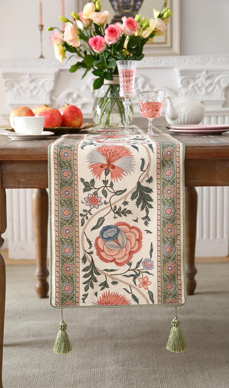 ISAENNE Designer Vintage Linen Table Runner 87 Inches Long,Elegant Floral Pattern Wrinkle Resistant Table Runners for Dining Tables,Thanksgiving,Kitchen Tables,Christmas,12"*87"-Daffy B