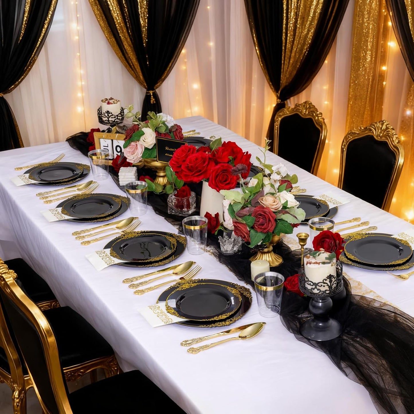 YOUBET 700PCS Black Plastic Plates - Black and Gold Plates - Gold Plastic Dinnerware Set Include 200 Disposable Plate, 300 Heavy Duty Silverware, 100 Cups, 100 Napkins for Wedding & Party & Halloween