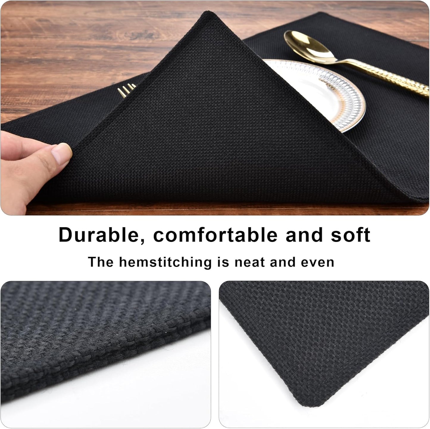 SLKQG Black Linen-Look Placemats Set of 6, Heat Resistant & Machine Washable Double-Layered Cloth Placemats for Dining Table, Indoor/Outdoor Use, Non-Slip Kitchen Table Mats (6, Black)