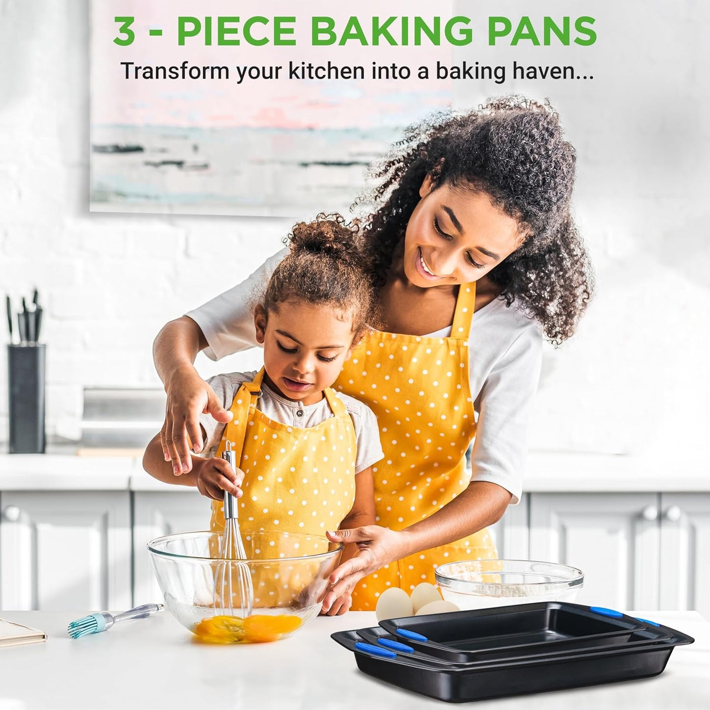 NutriChef 3-Piece Baking Pan Set - Premium Nonstick Carbon Steel Bakeware w/ Silicone Handles - Includes Large, Medium, & Small Pans for Baking & Roasting - PFOA, PFOS, PTFE Free - Gray