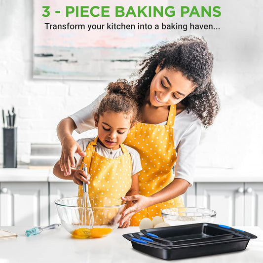 NutriChef 3-Piece Baking Pan Set - Premium Nonstick Carbon Steel Bakeware w/ Silicone Handles - Includes Large, Medium, & Small Pans for Baking & Roasting - PFOA, PFOS, PTFE Free - Gray