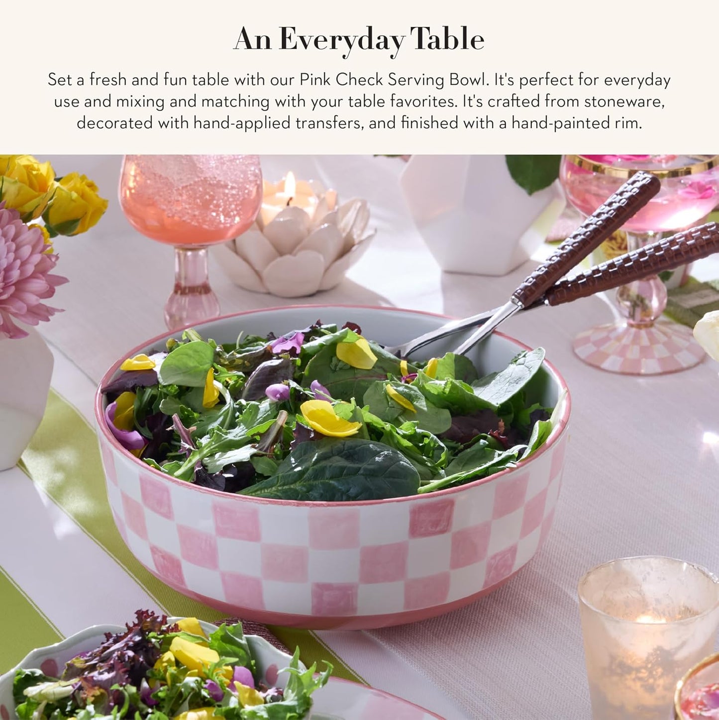 MACKENZIE-CHILDS Stoneware Serving Bowl, Large Decorative Bowl, 14-Cup Capacity, Pink Check