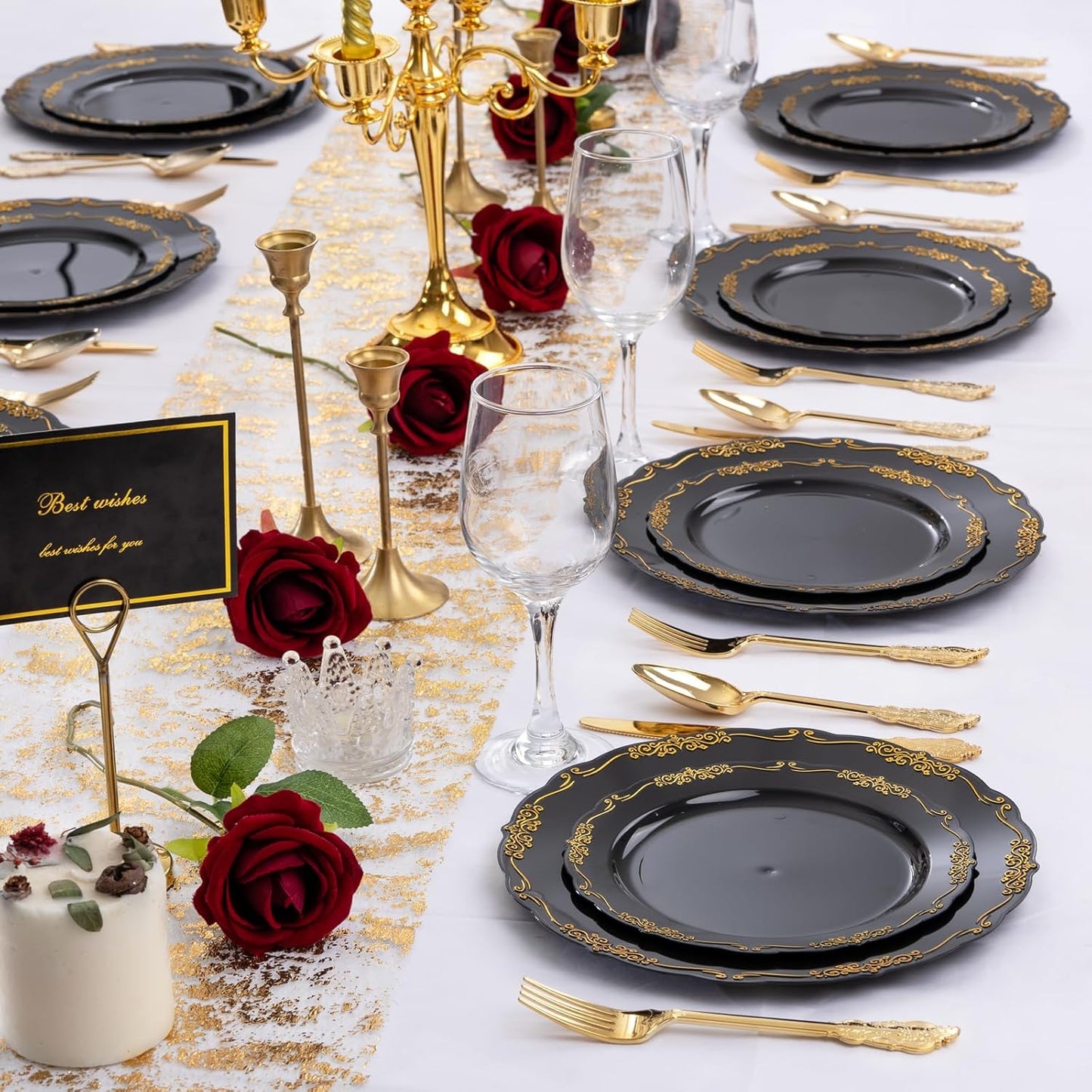 DaYammi 150Pcs Black Gold Plastic Plates & Plastic Silverware, Halloween Black Disposable Plates for Party Include 30 Dinner Plate, 30 Dessert Plate, 30 Knives, 30 Forks, 30 Spoons for Wedding