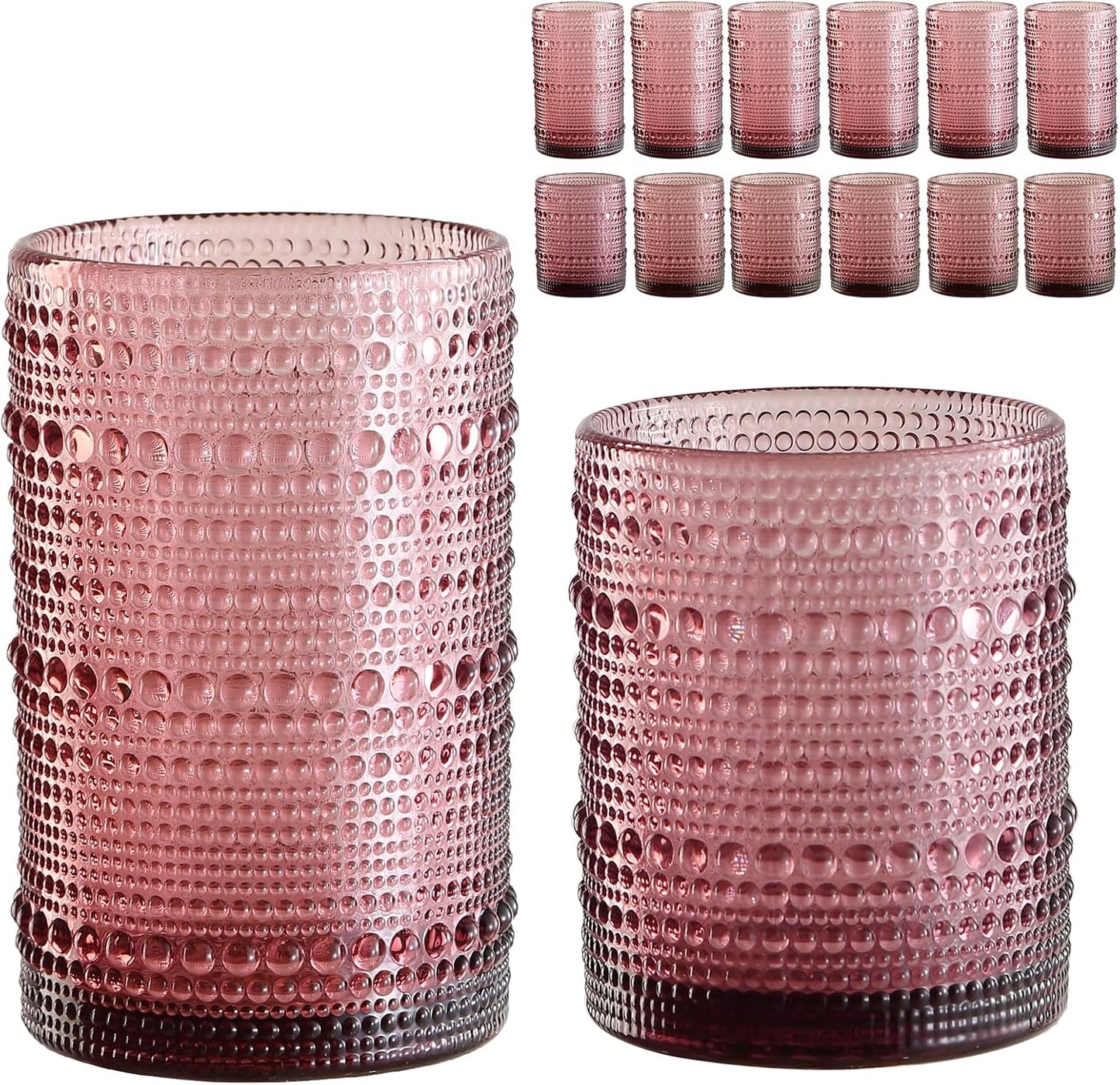 Vintage Glassware Drinking Glasses Set of 12,Purple 12oz & 15oz Hobnail Glass Cups,Embossed Water Tumbler,for Beer,Cocktail,Whiskey,Juice and Various Mixed Drinks- 1 Cleaning Brush