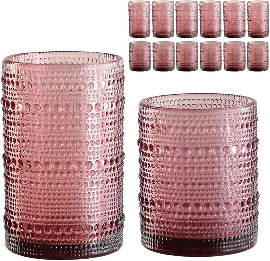 Vintage Glassware Drinking Glasses Set of 12,Purple 12oz & 15oz Hobnail Glass Cups,Embossed Water Tumbler,for Beer,Cocktail,Whiskey,Juice and Various Mixed Drinks- 1 Cleaning Brush