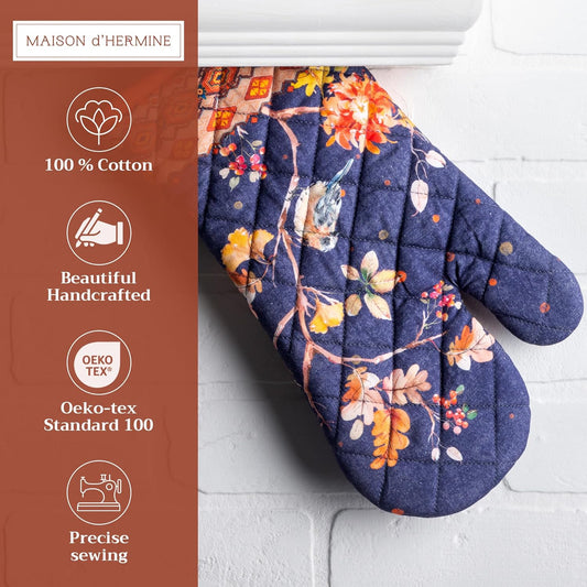 Maison d' Hermine Oven Gloves 100% Cotton Oven Mitt 7" x 13" with Loop Heat Resistant BBQ Cooking Gloves for Thanksgiving Christmas Decorations Baking Handling Hot Pans (Pack of 1, Kelim - Infinity)