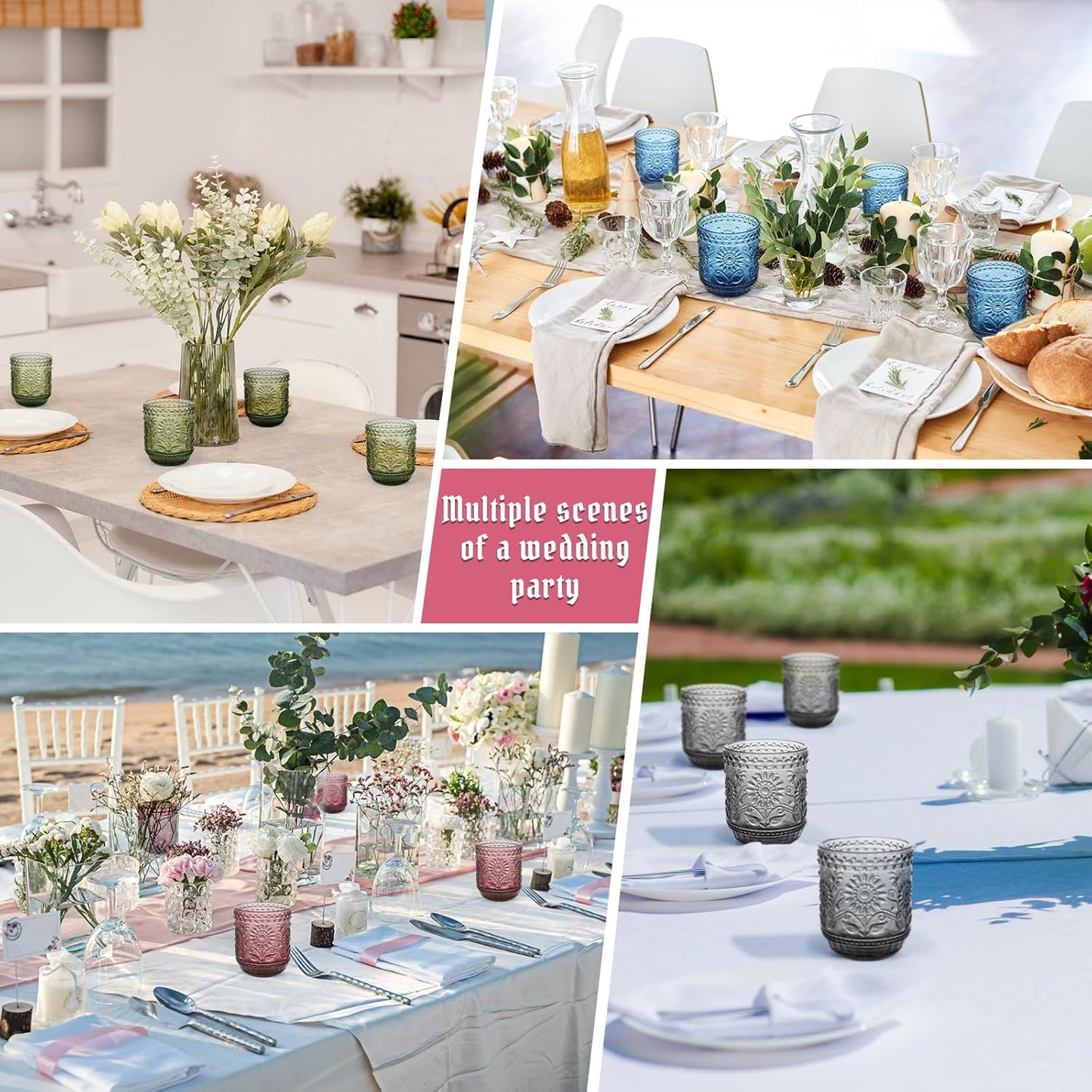 Glass Cups, Vintage Glassware Drinking Glass Set of 4, 12oz Colored Glassware with Sunflower Design, Embossed Floral Decorative Glasses Drinking Set for Cocktail, Wine, Vintage Drinking Glasses