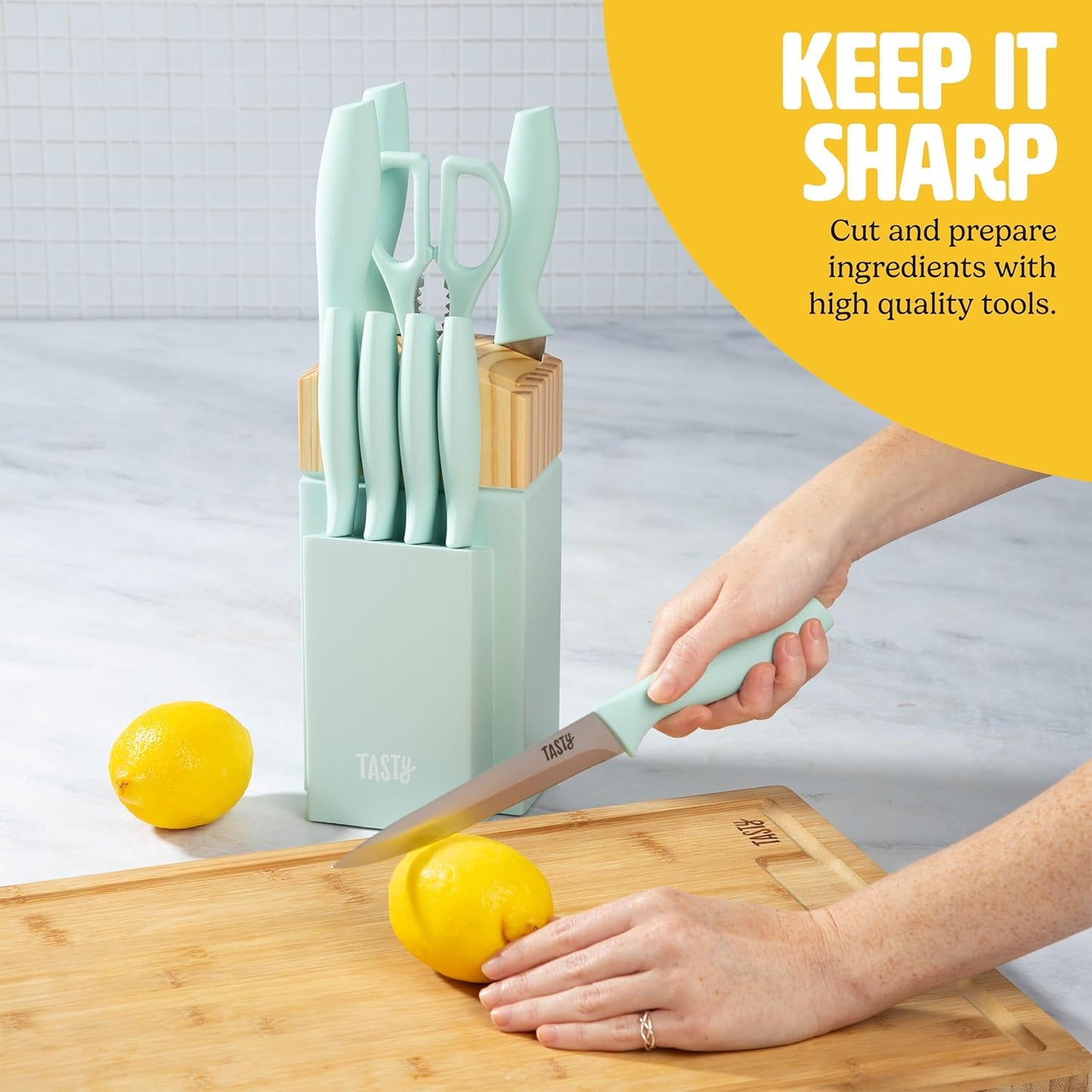 Tasty Kitchen Knife Set with Block, Cutlery Set includes Chef, Bread, Utility, Paring, Steak Knives & Shears, 10-Piece, Aqua