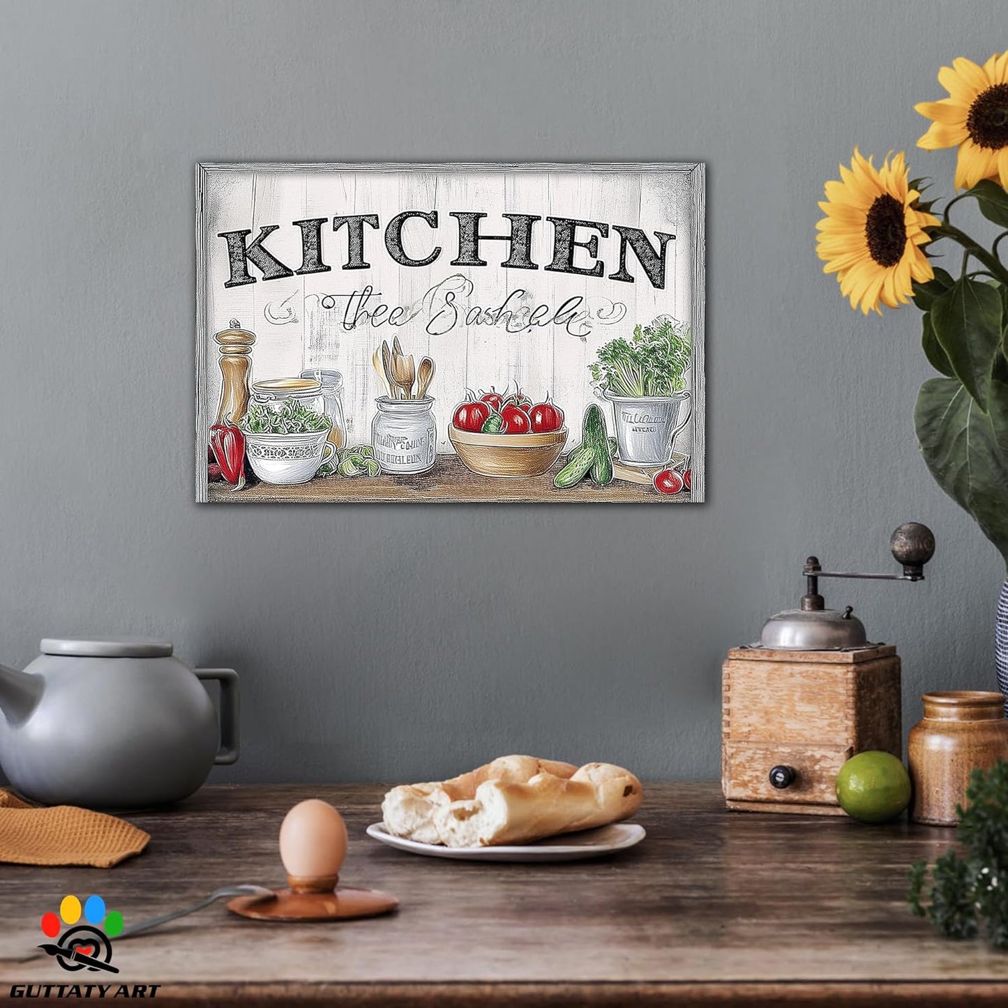 GUTTATY Kitchen Pictures Wall Decor, Farmhouse Wall Art Decor Various Vegetables and Spoon Painting for Dinning Room Restaurant Decor, Mother's Day Gift for Grandma Mom Hanging Artwork 18×24 Inch