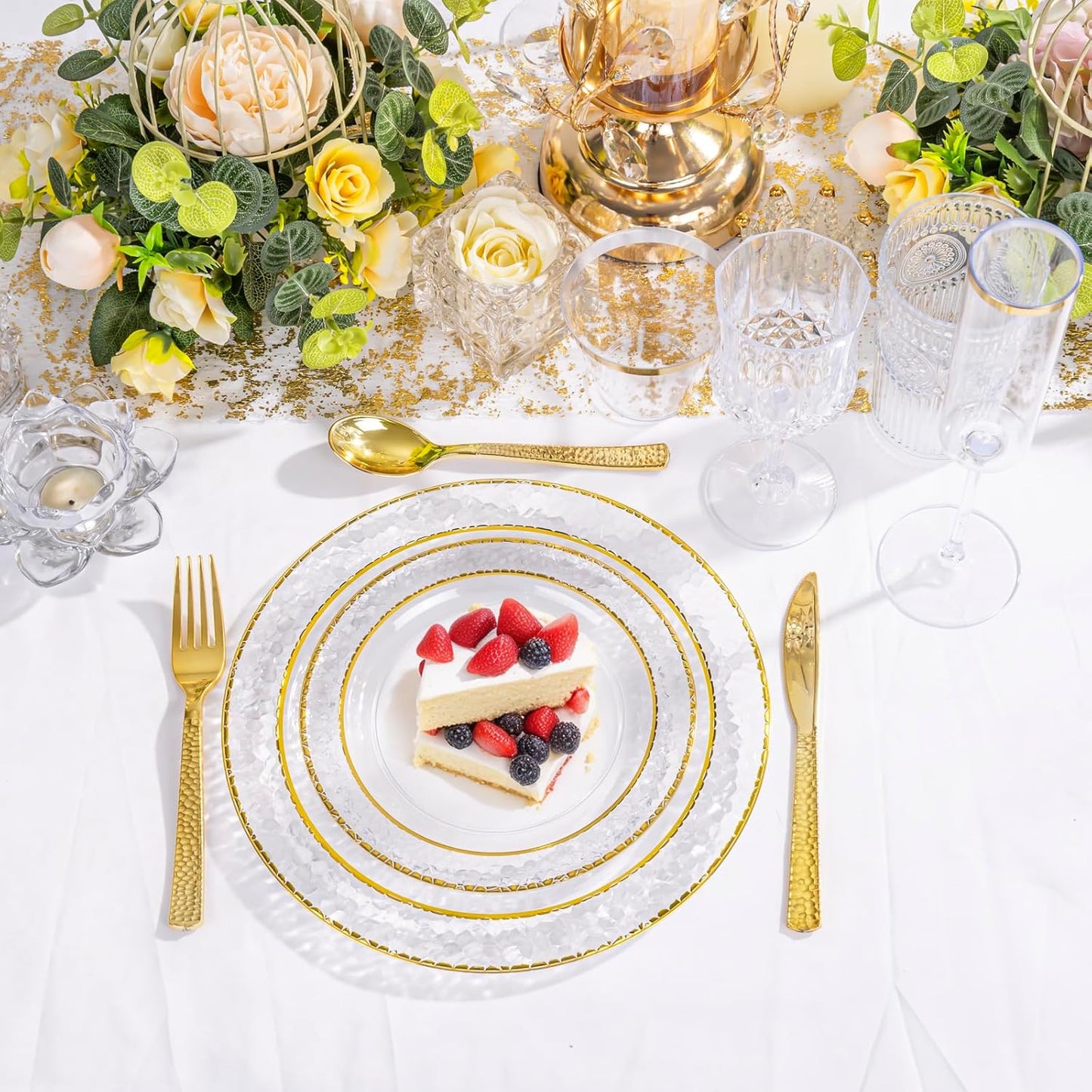 Ciaell 350PCS Clear Plastic Plates with Gold Trim for 50 Guests, Disposable Dinnerware Set for Wedding & Thanksgiving, Includes 100 Plastic Plates, 50 Pre Rolled Napkins with Gold Silverware, 50 Cups