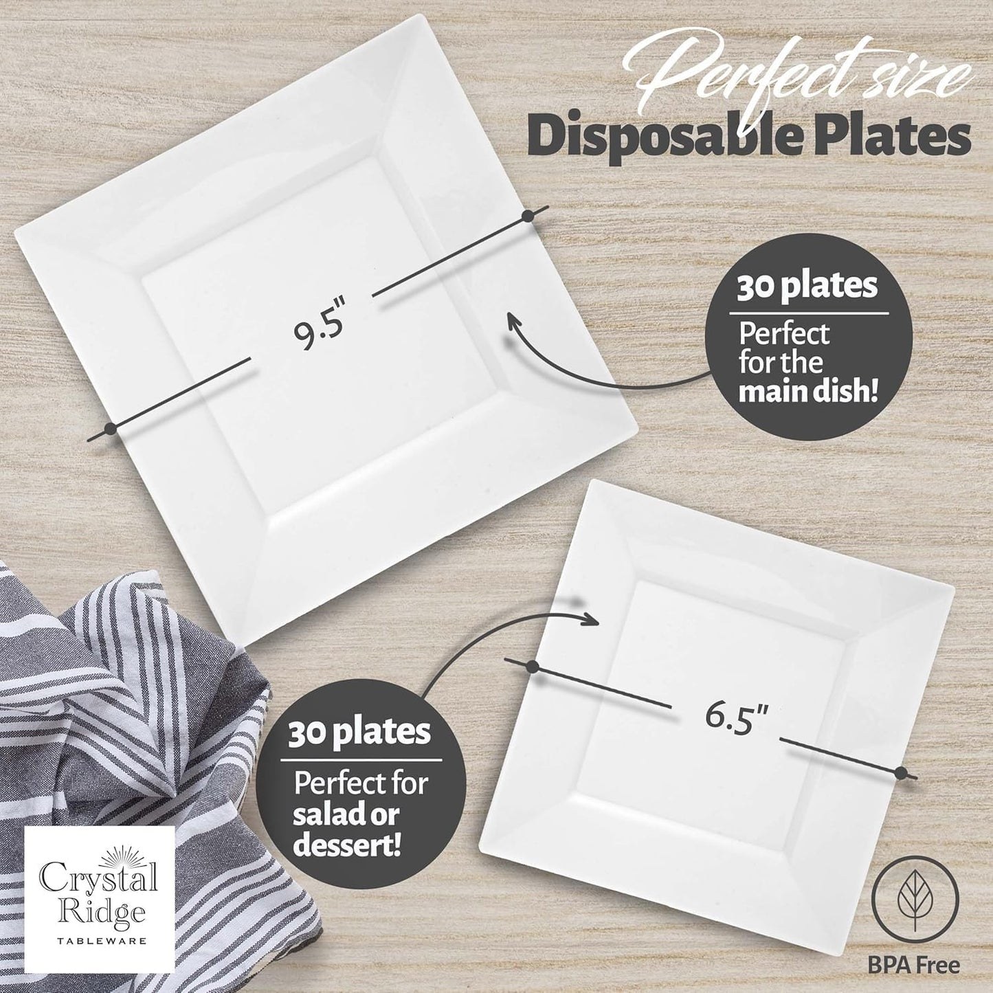 60 Pieces Square White Plastic Disposable Plates - Premium Heavy-Duty 30 Dinner Plates & 30 Salad Plates Ideal for Party, Birthday and Special Events