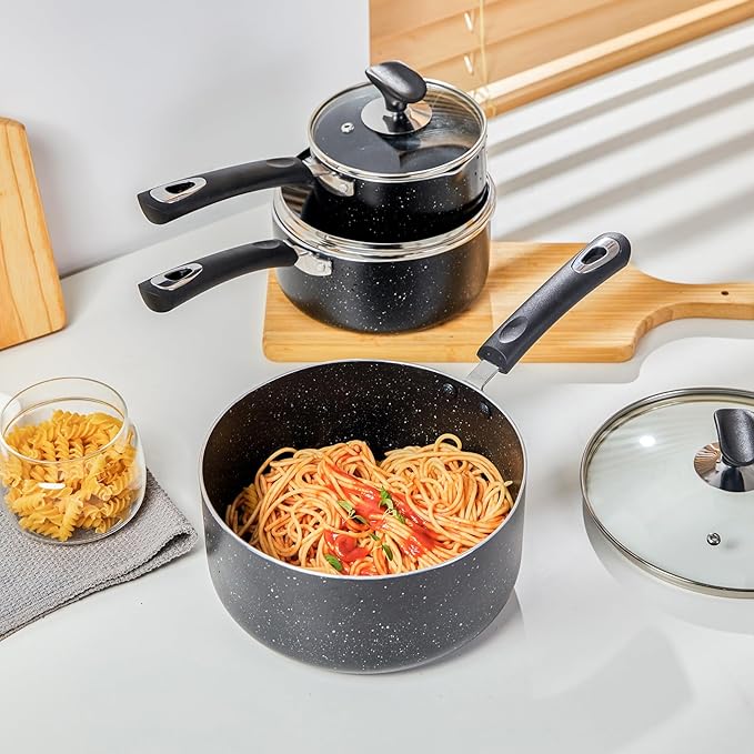 Nonstick Saucepan Set - 3-Pieces Pot Set 1 Quart & 2 Quart & 3 Quart,Ultra Non Stick Sauce Pan Small Pot with Glass Lid,Great for Home Kitchen Restaurant,Black