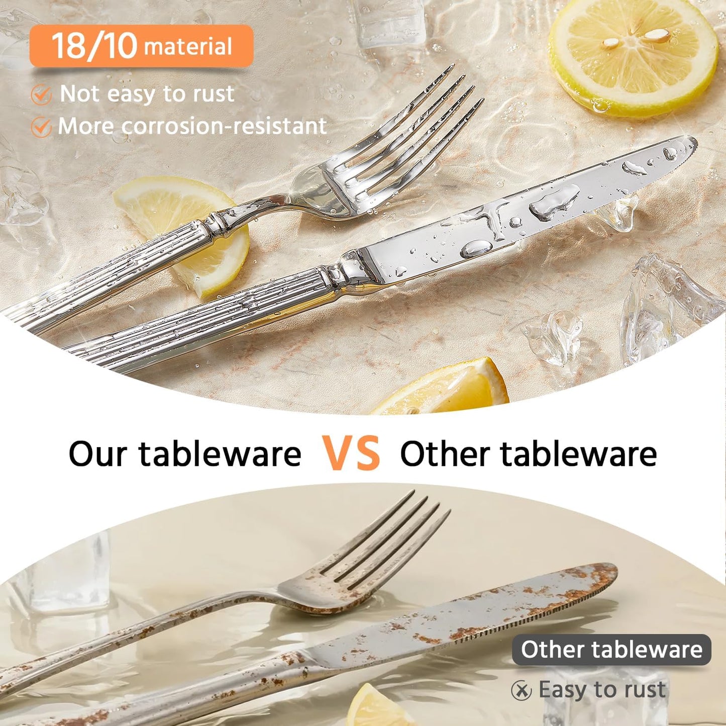 KINGSTONE Silverware Set, 5-Piece 18/10 Stainless Steel Flatware Set - Roman Column Embossed Thick Handle, for Wedding, Home, Restaurant, Kitchen and Party, Mirror Polish & Dishwasher Safe