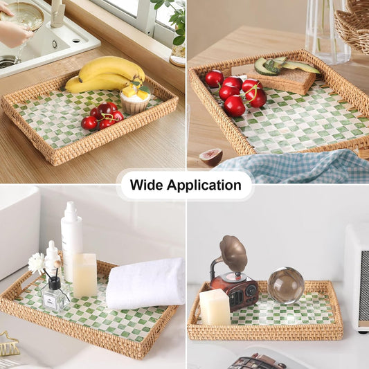 Rectangle Rattan Tray with Mother of Pearl Inlay, Rattan Serving Tray with Handle for Coffee, Bread, Fruits, Decorative Wicker Tray for Table Decor (Rectangle Green Checkerboard, 13"×9")