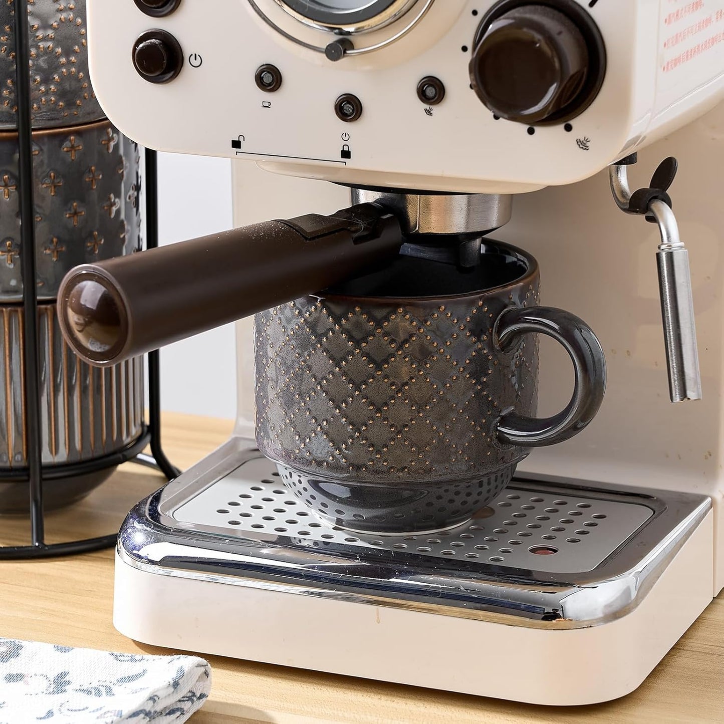 JIEMEI HOME Large Ceramic Coffee Mug Set of 4 with Stand, 15 Oz Stackable Embossment Ribbed Latte Cup Set for Cappuccino, Latte, Tea, Hot Cocoa, Drinks - Dishwasher & Microwave Safe, Dark Purple