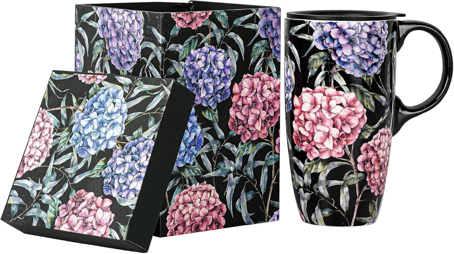 Topadorn Ceramic Coffee Mug Tall Ceramic Cup with Lid and Color Box 17 oz.,Pink and Purple Flowers