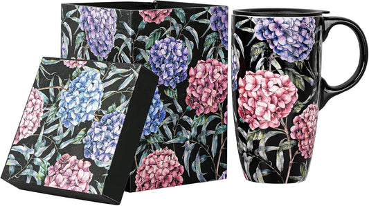 Topadorn Ceramic Coffee Mug Tall Ceramic Cup with Lid and Color Box 17 oz.,Pink and Purple Flowers