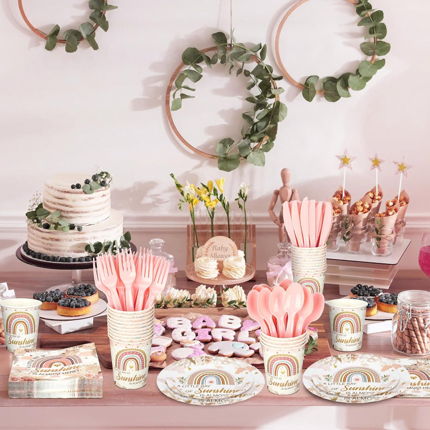 Dandat 350 Pcs Baby Shower Plates Set Baby Shower Party Supplies Serves 50 Tableware Sets Include Plates Napkin Cup Forks Knives Spoons Disposable Dinnerware(Boho Rainbow,Pink)