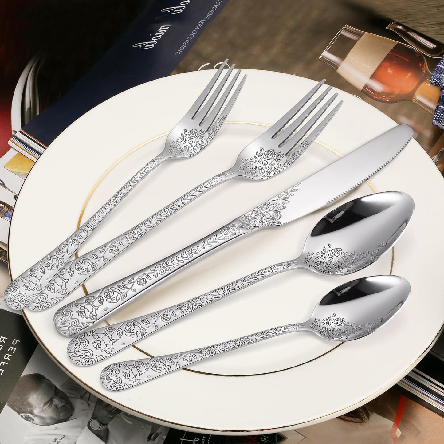 Floral Silverware Set 6 Silvery Flatware Stainless Steel with Delicate Engraved Rose Flower Embossed Design Complete 30 Piece Cutlery for Restaurant Utensils Home Kitchen Daily Use