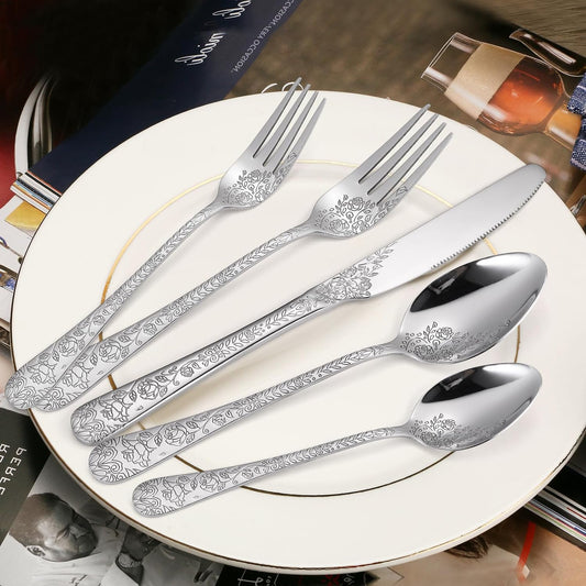 Floral Silverware Set 6 Silvery Flatware Stainless Steel with Delicate Engraved Rose Flower Embossed Design Complete 30 Piece Cutlery for Restaurant Utensils Home Kitchen Daily Use