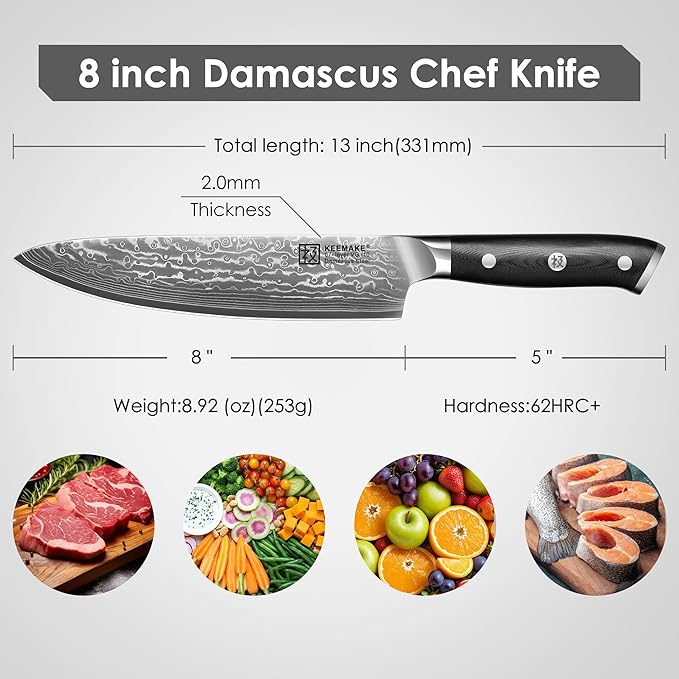 KEEMAKE Damascus Chef Knife, 8 Inch Kitchen Knife, 67 Layers Damascus Knife Professional Kitchen Knives with Japanese VG10 Core, Sharp Chefs Knives with Ergonomic G10 Handle