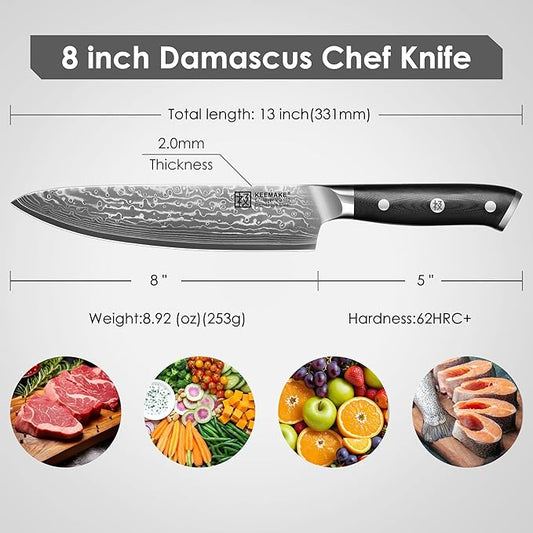 KEEMAKE Damascus Chef Knife, 8 Inch Kitchen Knife, 67 Layers Damascus Knife Professional Kitchen Knives with Japanese VG10 Core, Sharp Chefs Knives with Ergonomic G10 Handle