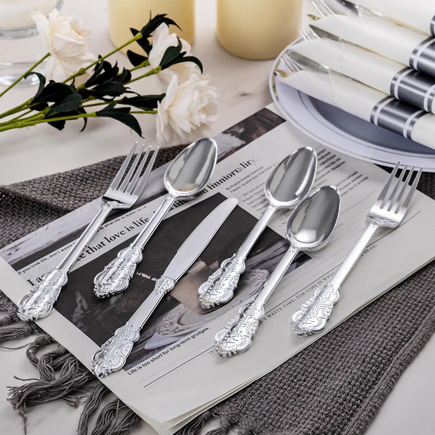 WELLIFE 50 Pack Silver Plastic Silverware, Wrapped Silverware Set Disposable,Plastic Utensils Set Include 50 Forks, 50 Knives, 50 Spoons and 50 Napkins, Disposable Cutlery for Party and Wedding